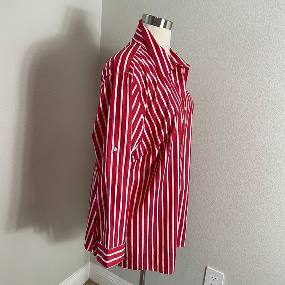 NEW Chaps Womens Plus 2X Red White Striped Button Up Shirt 2X Roll Tab Sleeve - Picture 3 of 8
